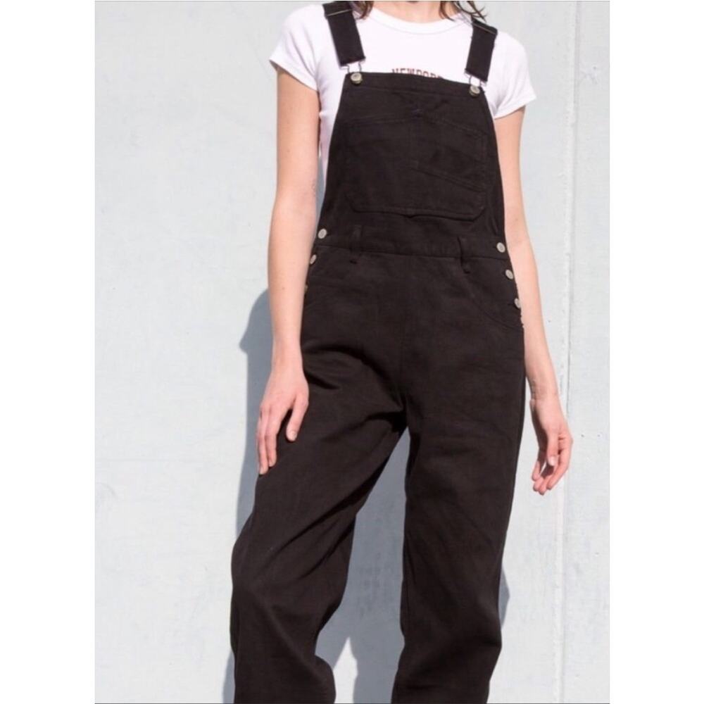 Brandy Melville John Galt Black denim rigid straight carpenter bib overalls. Sm
